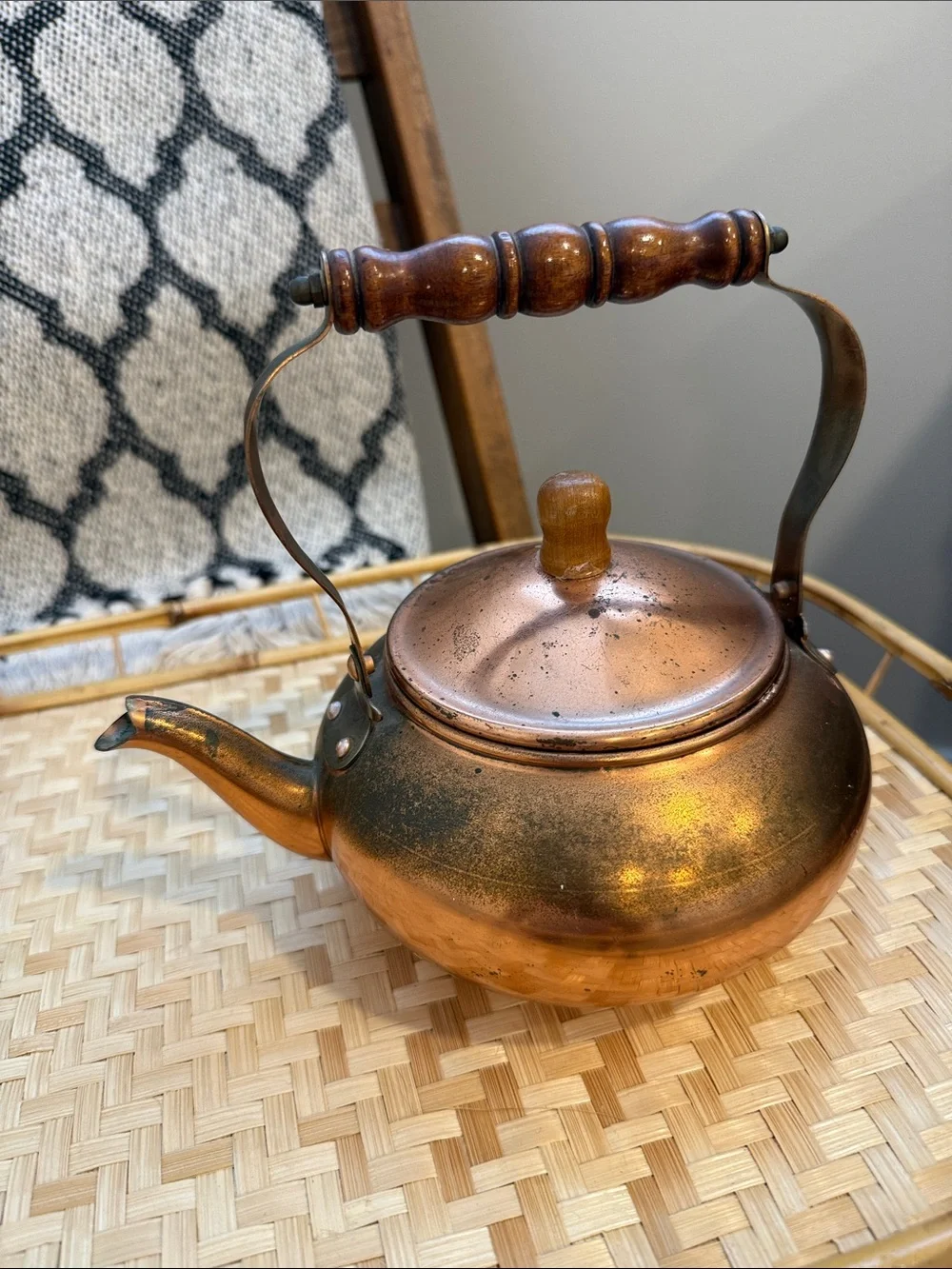 Vintage Copper Tea Kettle Wood Handle Small Decorative Stove Top Kitchen Decor
